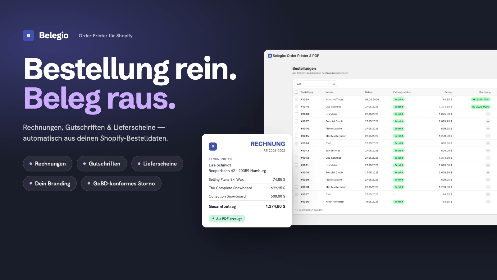 Belegio Bestellungen Übersicht